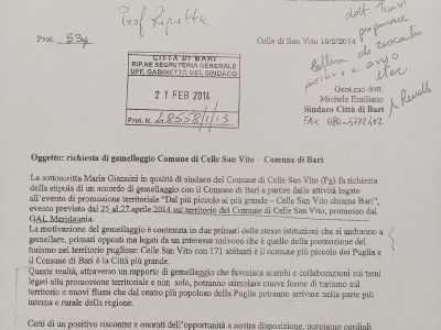 Il 21 febbraio 2014 il sindaco di Celle di San Vito (Foggia) chiese a Bari di stringere un gemellaggio, in modo da legare simbolicamente il Comune pi� popoloso e quello meno �affollato� della Puglia